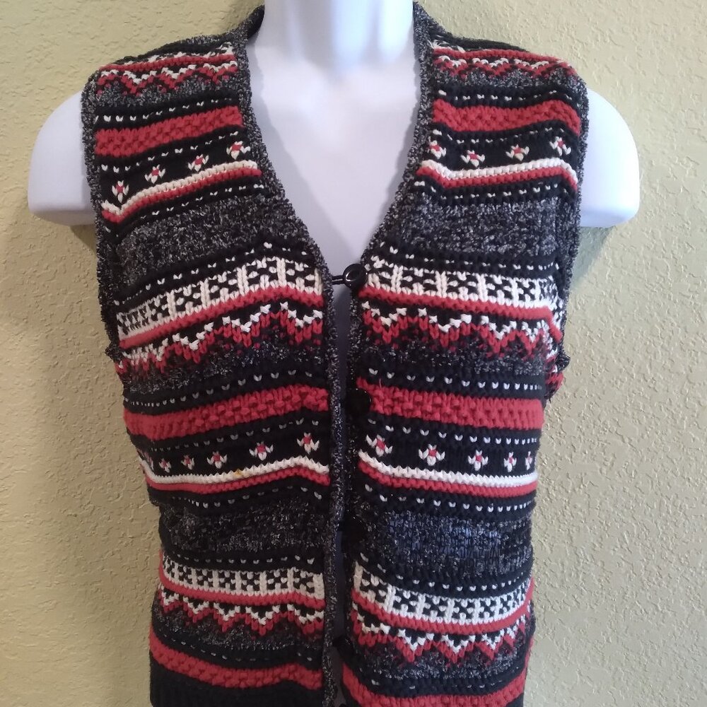Lizsport Women's Sweater Vest V-Neck Button Front Crochet Style Black Red White